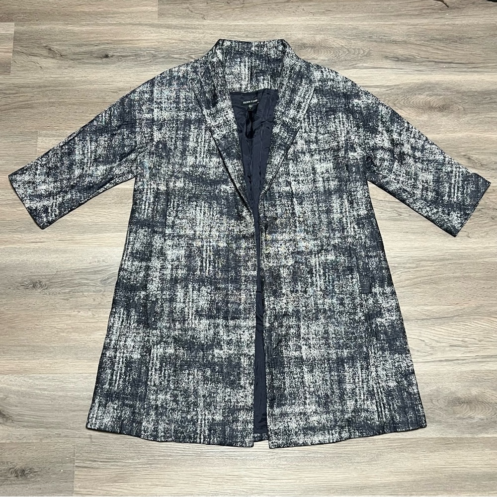 Eileen Fisher Large Jacquard Open Front Jacket Blazer Silver 3/4 Sleeve Pockets